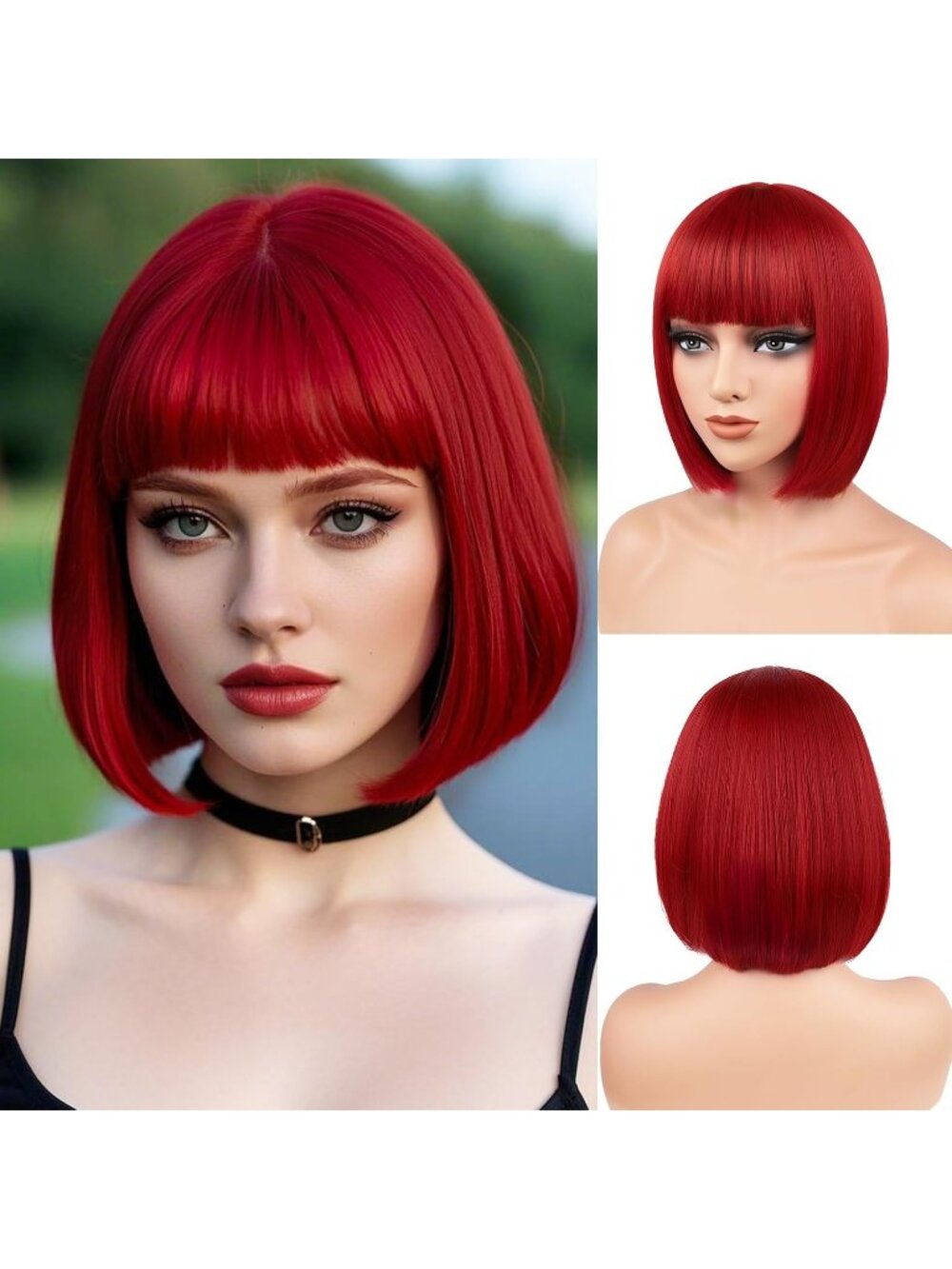 Women Red Heat Resistant Synthetic Bob Party Neon Wig Bangs 12 Inch